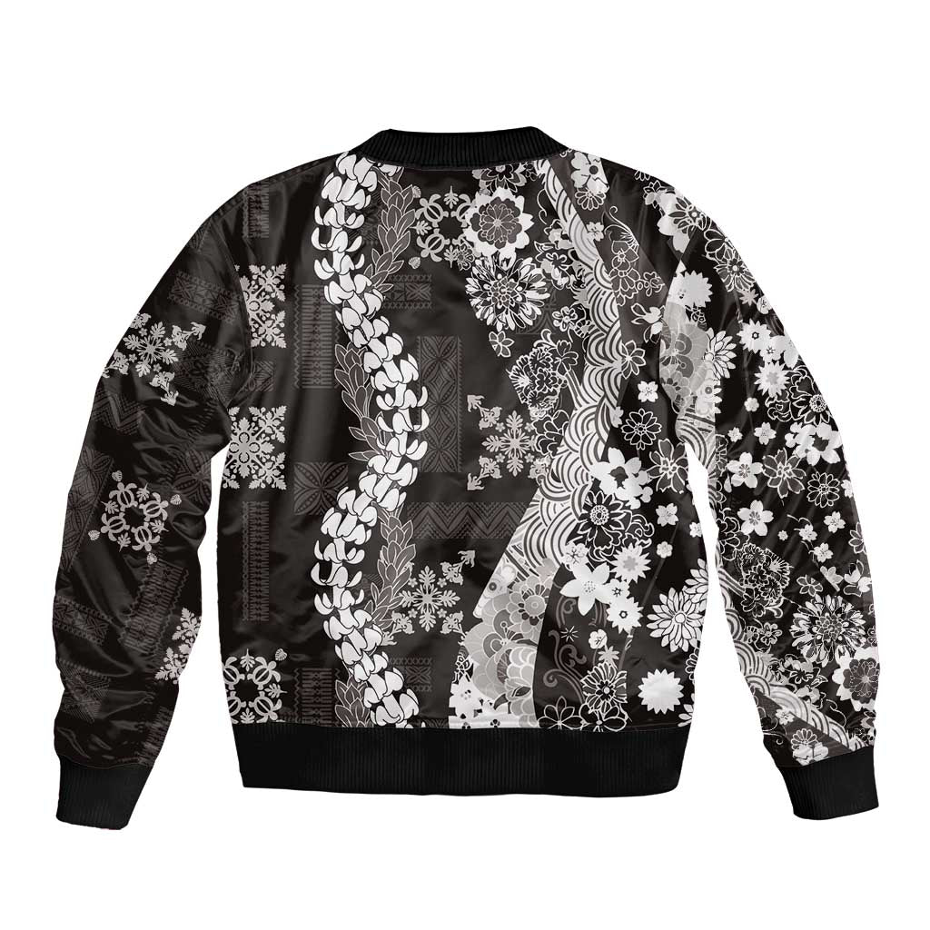 Hawaii Puakenikeni and Maile Lei Sleeve Zip Bomber Jacket Black Japanese Wave Style LT9 - Polynesian Pride