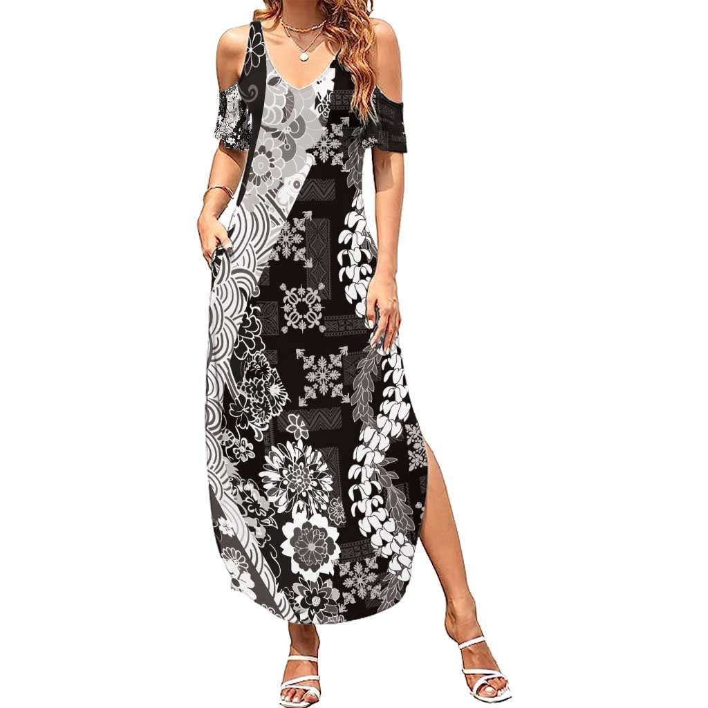 Hawaii Puakenikeni and Maile Lei Summer Maxi Dress Black Japanese Wave Style - Polynesian Pride