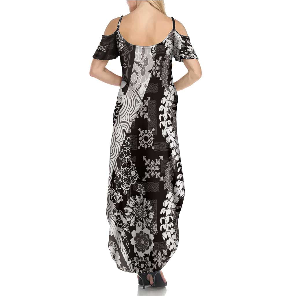 Hawaii Puakenikeni and Maile Lei Summer Maxi Dress Black Japanese Wave Style - Polynesian Pride