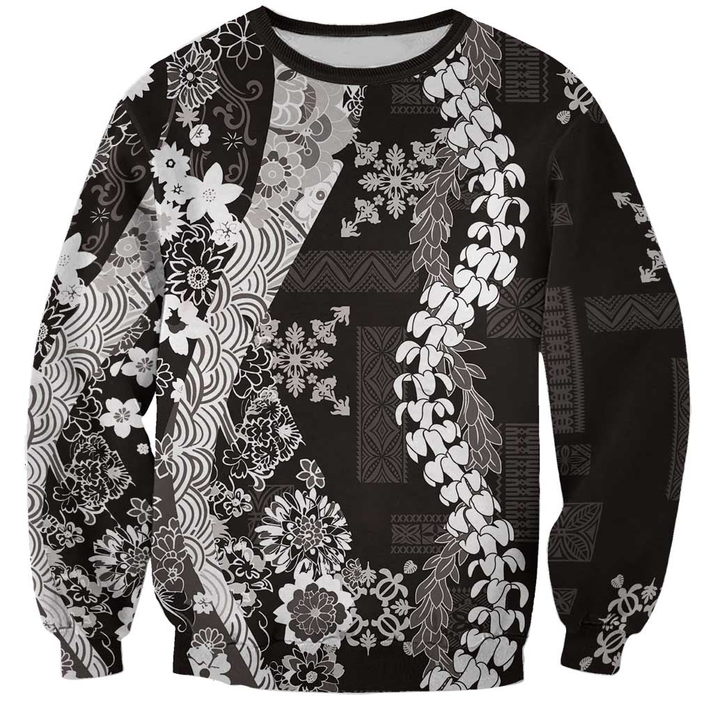 Hawaii Puakenikeni and Maile Lei Sweatshirt Black Japanese Wave Style - Polynesian Pride