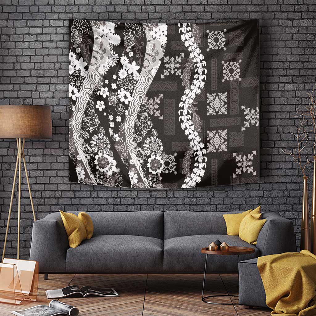 Hawaii Puakenikeni and Maile Lei Tapestry Black Japanese Wave Style LT9 Black - Polynesian Pride