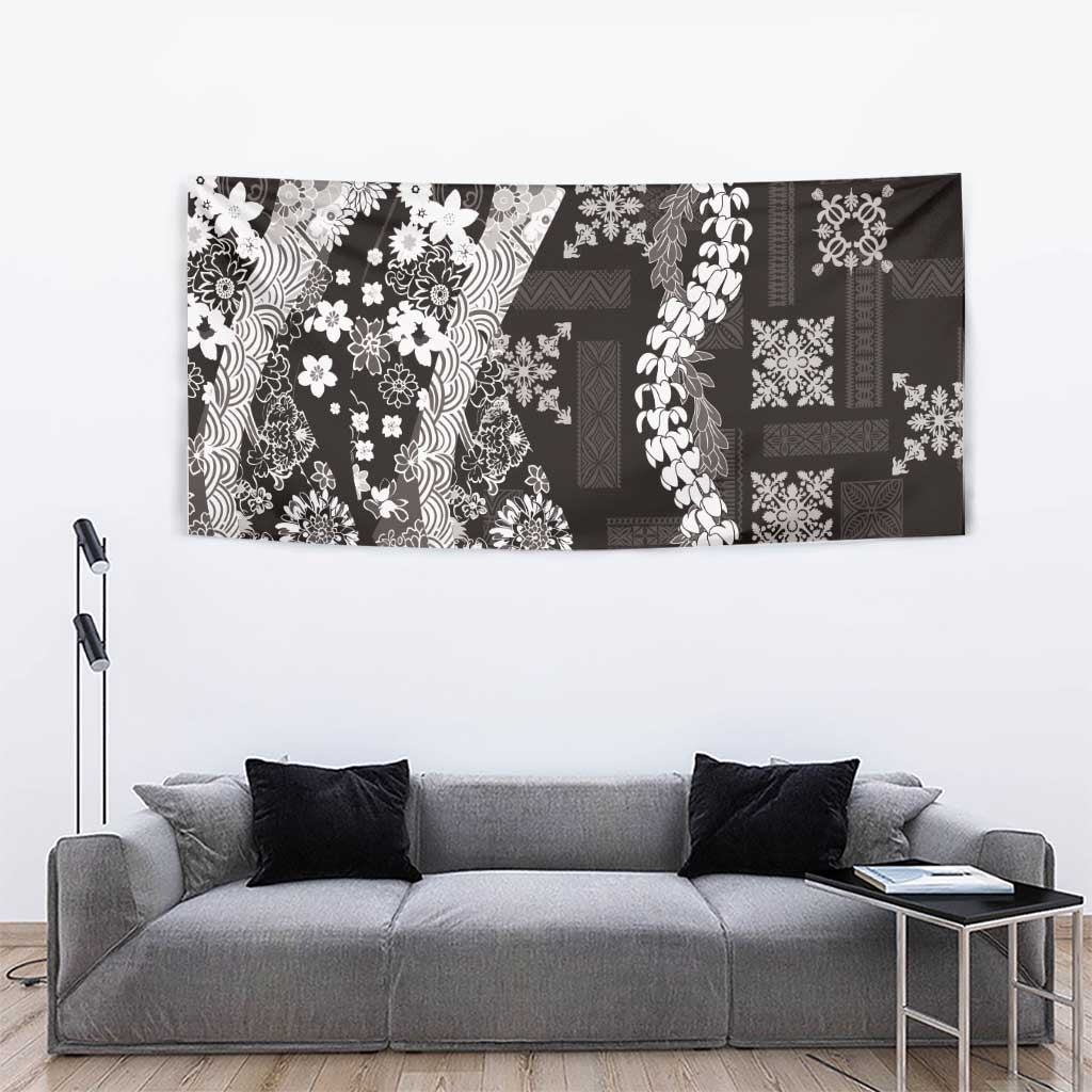 Hawaii Puakenikeni and Maile Lei Tapestry Black Japanese Wave Style - Polynesian Pride