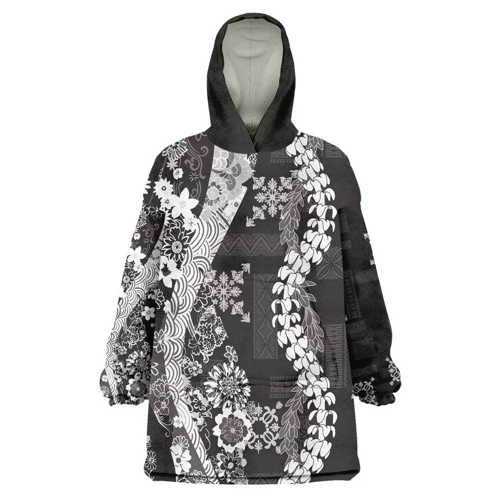 Hawaii Puakenikeni and Maile Lei Wearable Blanket Hoodie Black Japanese Wave Style - Polynesian Pride