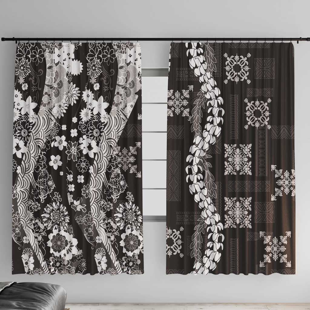Hawaii Puakenikeni and Maile Lei Window Curtain Black Japanese Wave Style - Polynesian Pride
