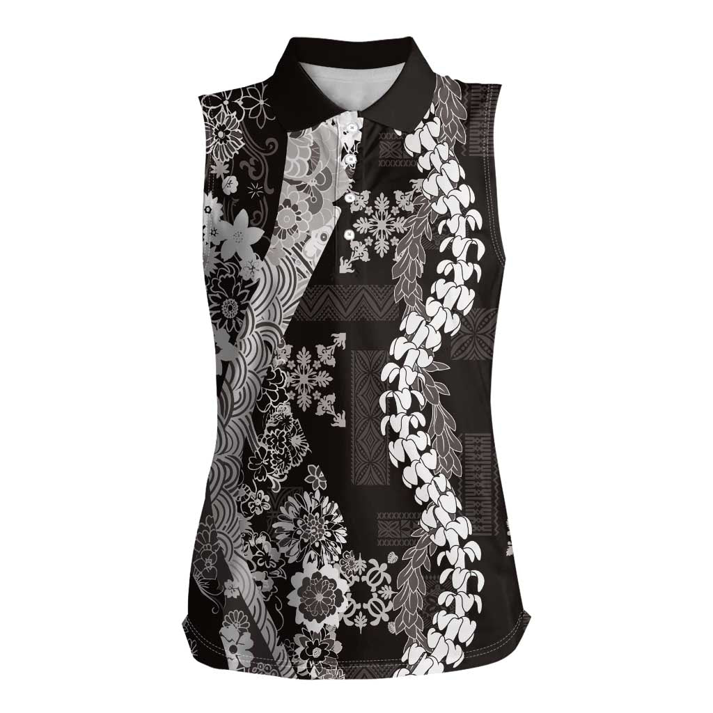Hawaii Puakenikeni and Maile Lei Women Sleeveless Polo Shirt Black Japanese Wave Style - Polynesian Pride