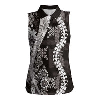 Hawaii Puakenikeni and Maile Lei Women Sleeveless Polo Shirt Black Japanese Wave Style - Polynesian Pride