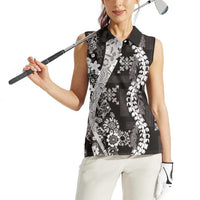 Hawaii Puakenikeni and Maile Lei Women Sleeveless Polo Shirt Black Japanese Wave Style - Polynesian Pride