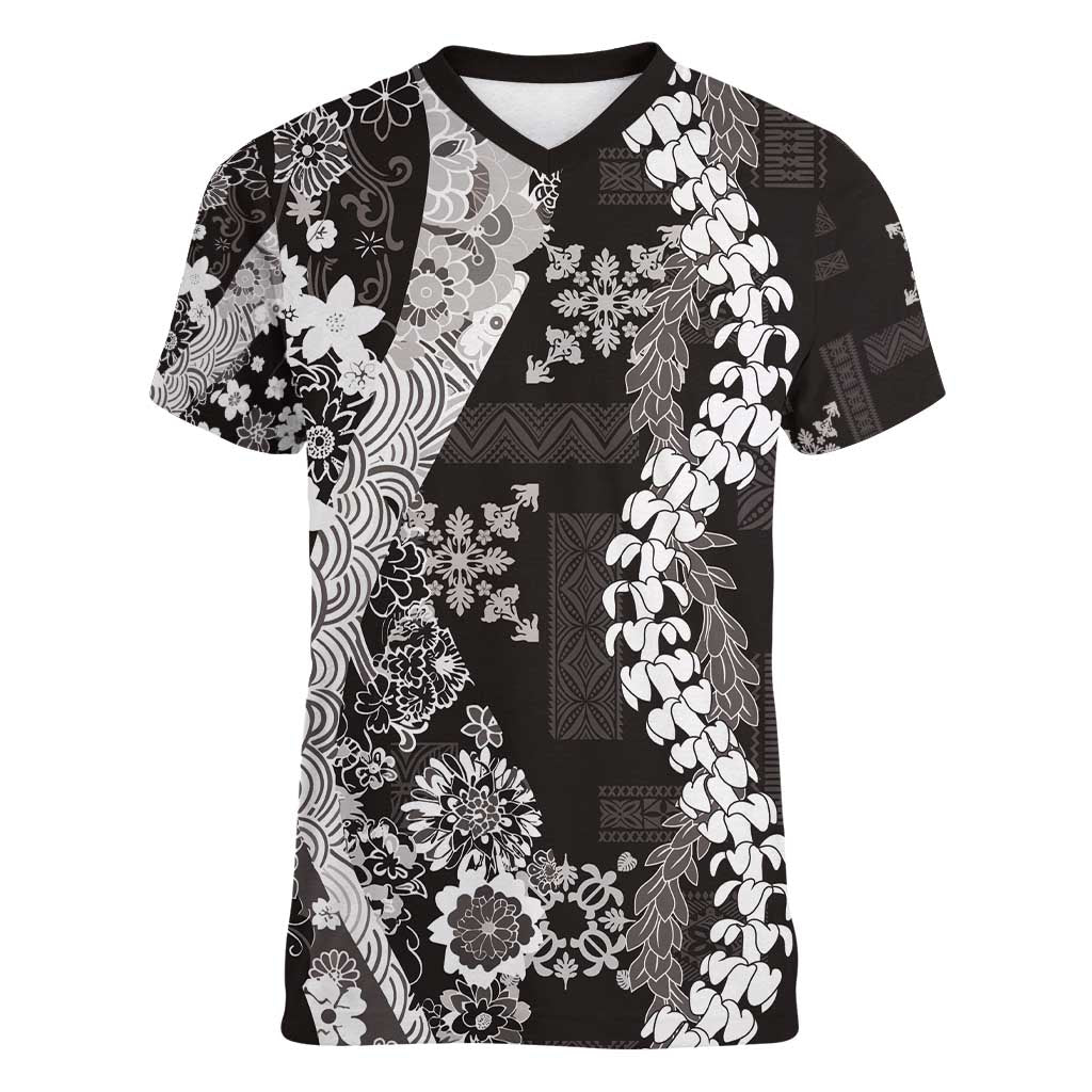 Hawaii Puakenikeni and Maile Lei Women V-Neck T-Shirt Black Japanese Wave Style LT9 Female Black - Polynesian Pride
