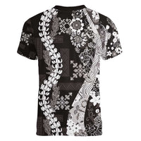 Hawaii Puakenikeni and Maile Lei Women V-Neck T-Shirt Black Japanese Wave Style - Polynesian Pride