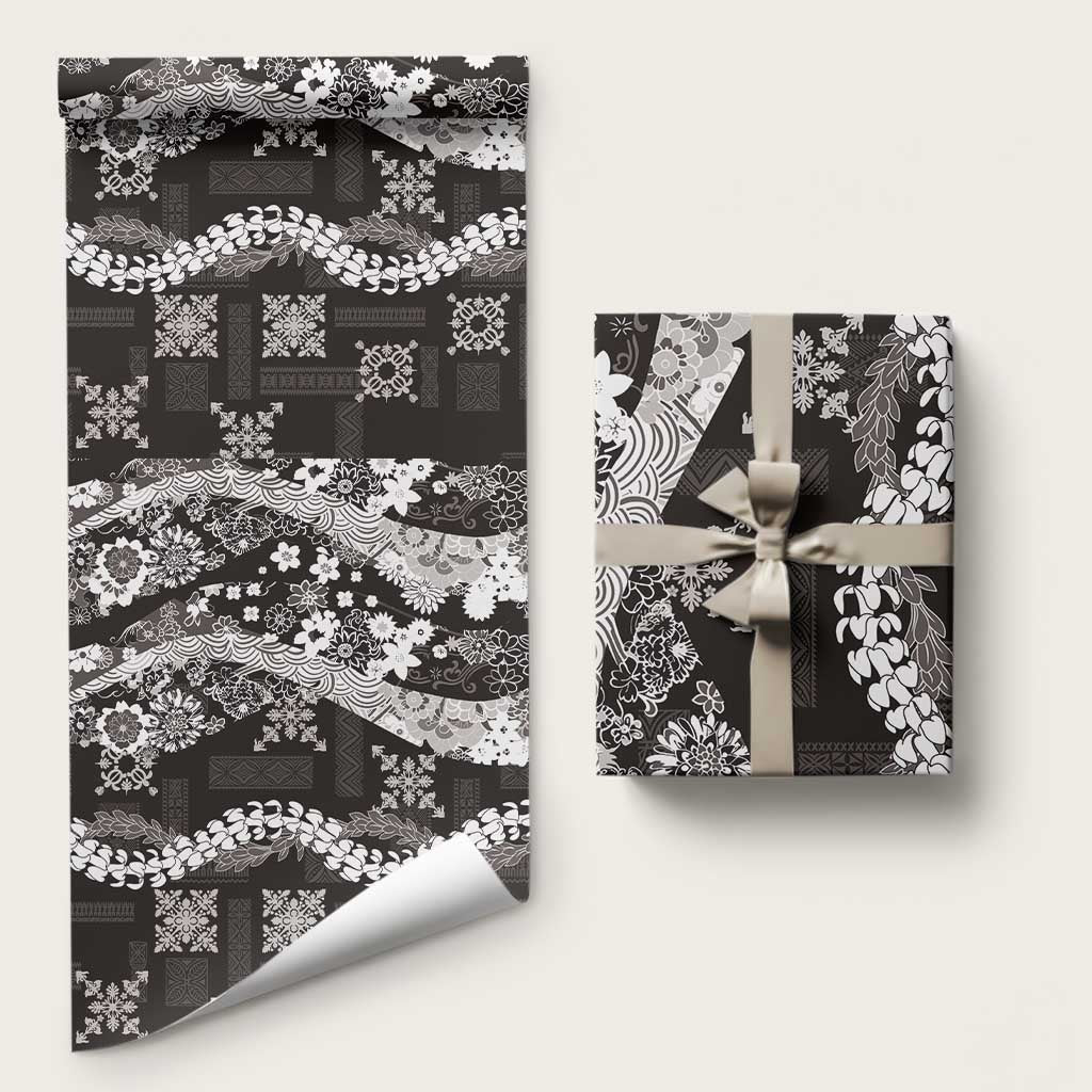 Hawaii Puakenikeni and Maile Lei Wrapping Paper Black Japanese Wave Style LT9 58" × 23" Black - Polynesian Pride