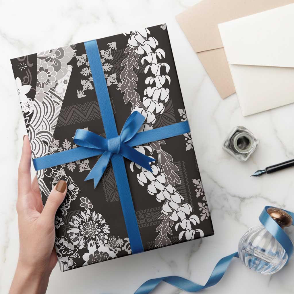 Hawaii Puakenikeni and Maile Lei Wrapping Paper Black Japanese Wave Style - Polynesian Pride