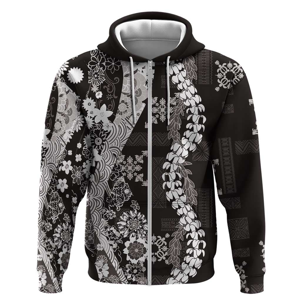 Hawaii Puakenikeni and Maile Lei Zip Hoodie Black Japanese Wave Style LT9 Zip Hoodie Black - Polynesian Pride