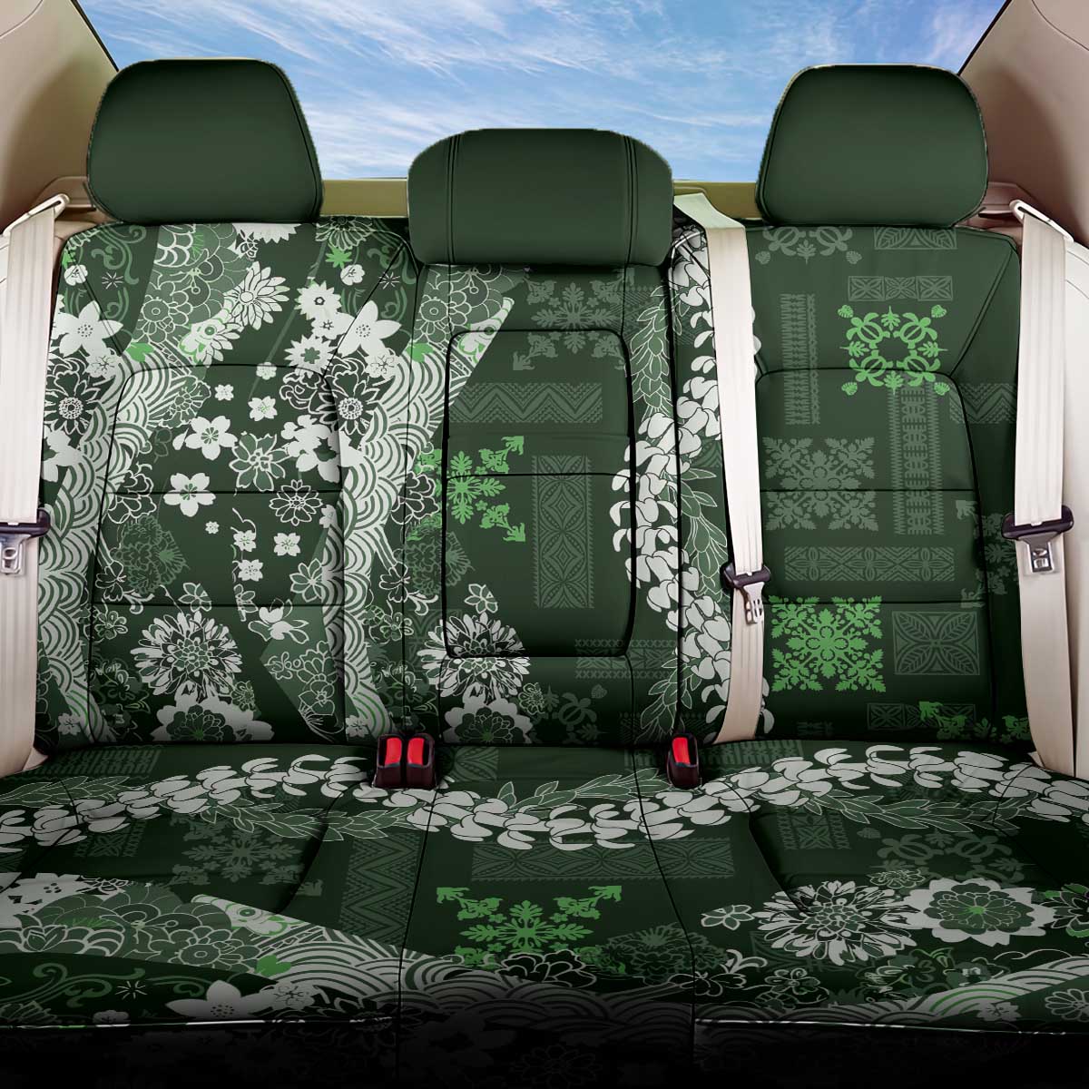 Hawaii Puakenikeni and Maile Lei Back Car Seat Cover Green Japanese Wave Style LT9 One Size Green - Polynesian Pride