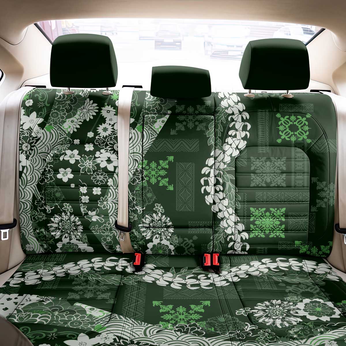 Hawaii Puakenikeni and Maile Lei Back Car Seat Cover Green Japanese Wave Style LT9 - Polynesian Pride