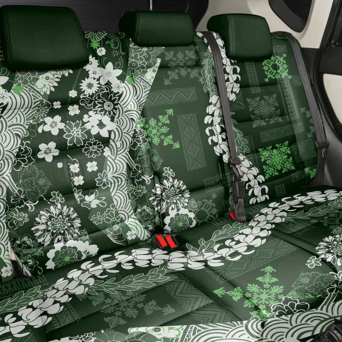 Hawaii Puakenikeni and Maile Lei Back Car Seat Cover Green Japanese Wave Style LT9 - Polynesian Pride