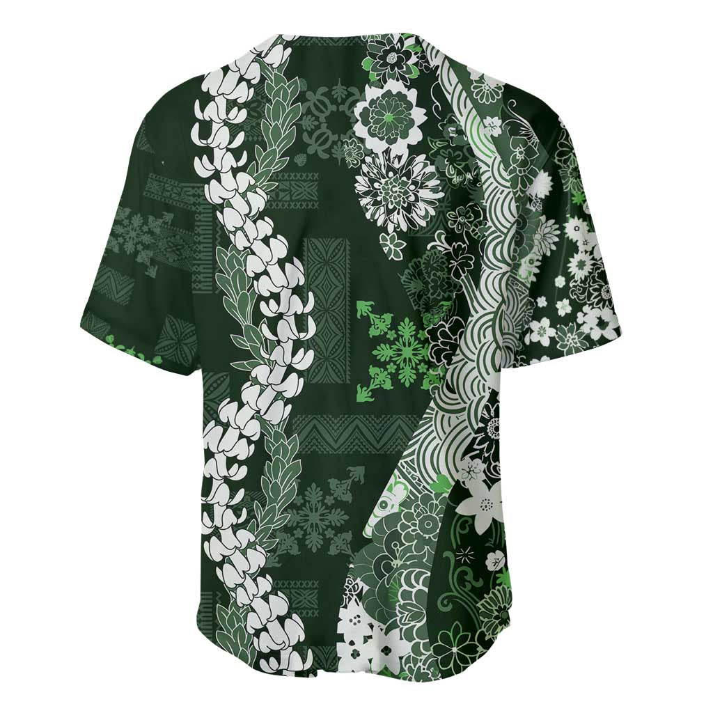Hawaii Puakenikeni and Maile Lei Baseball Jersey Green Japanese Wave Style - Polynesian Pride