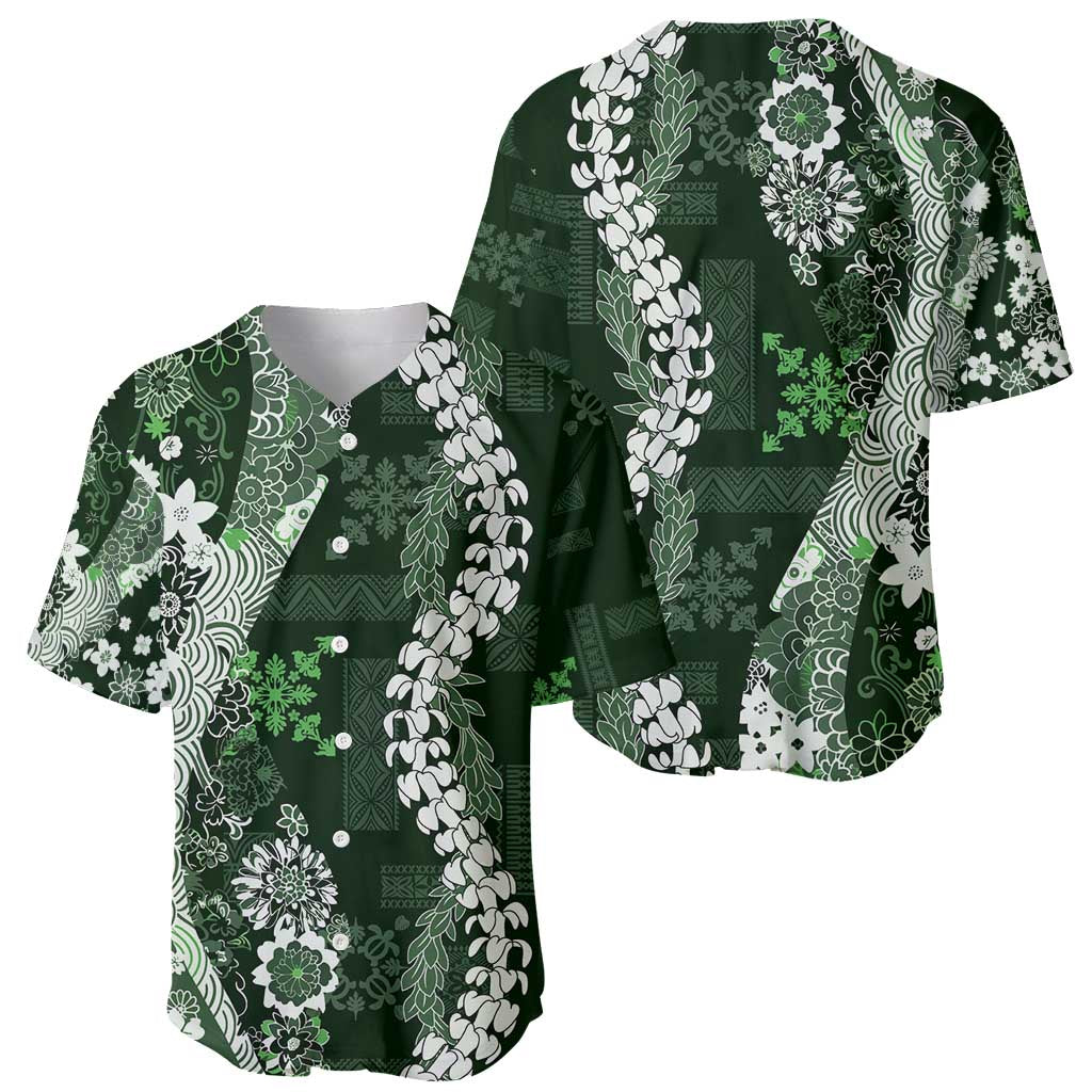 Hawaii Puakenikeni and Maile Lei Baseball Jersey Green Japanese Wave Style - Polynesian Pride
