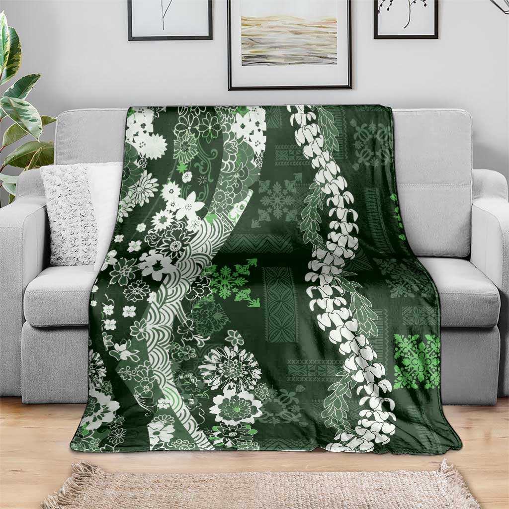 Hawaii Puakenikeni and Maile Lei Blanket Green Japanese Wave Style - Polynesian Pride