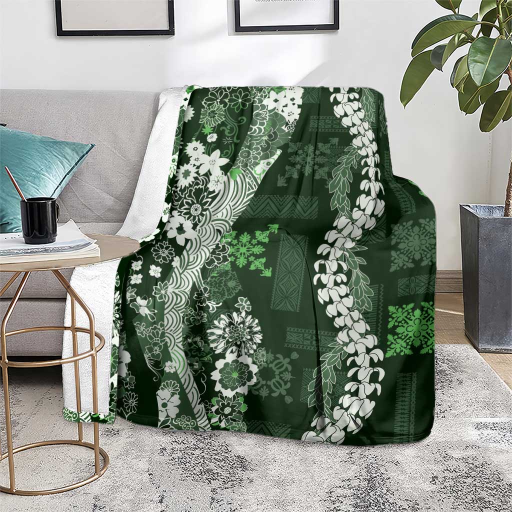 Hawaii Puakenikeni and Maile Lei Blanket Green Japanese Wave Style - Polynesian Pride