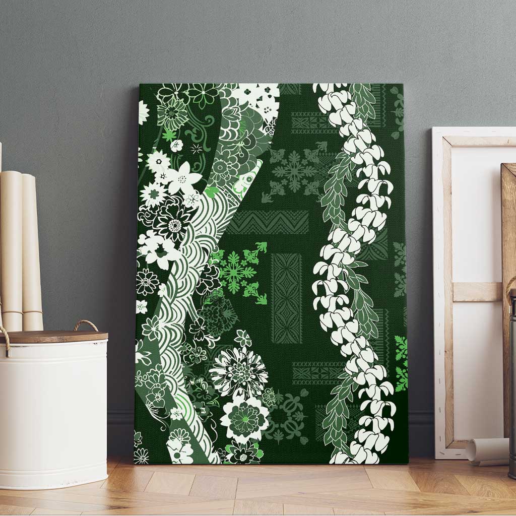 Hawaii Puakenikeni and Maile Lei Canvas Wall Art Green Japanese Wave Style - Polynesian Pride