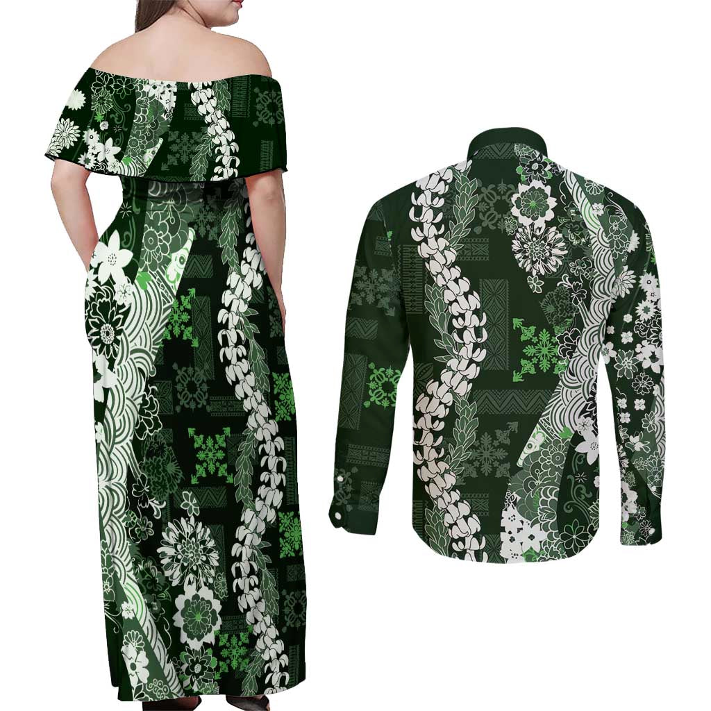 Hawaii Puakenikeni and Maile Lei Couples Matching Off Shoulder Maxi Dress and Long Sleeve Button Shirt Green Japanese Wave Style - Polynesian Pride