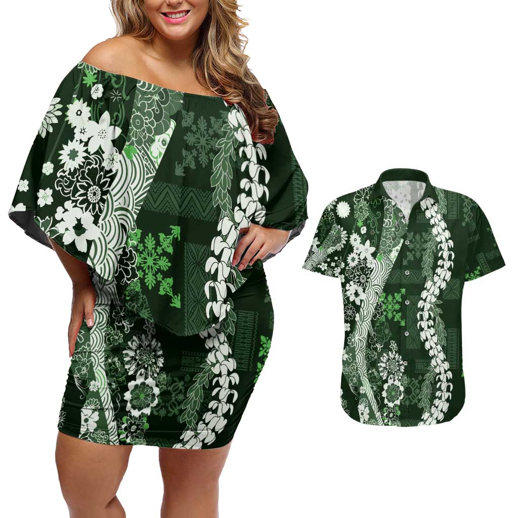 Hawaii Puakenikeni and Maile Lei Couples Matching Off Shoulder Short Dress and Hawaiian Shirt Green Japanese Wave Style - Polynesian Pride