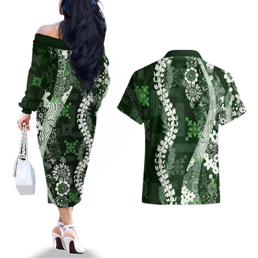 Hawaii Puakenikeni and Maile Lei Couples Matching Off The Shoulder Long Sleeve Dress and Hawaiian Shirt Green Japanese Wave Style - Polynesian Pride