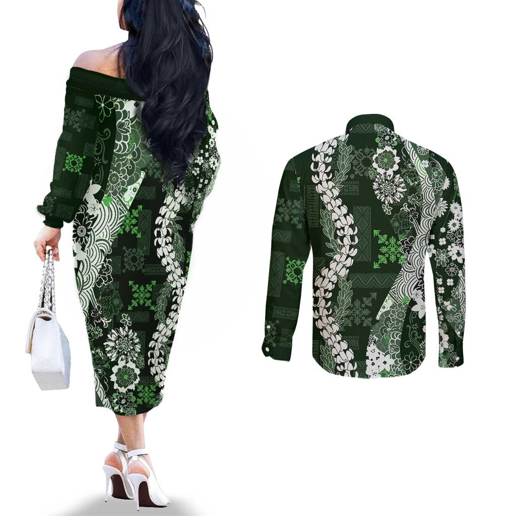 Hawaii Puakenikeni and Maile Lei Couples Matching Off The Shoulder Long Sleeve Dress and Long Sleeve Button Shirt Green Japanese Wave Style - Polynesian Pride