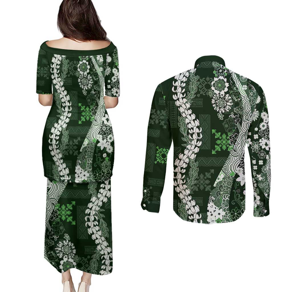 Hawaii Puakenikeni and Maile Lei Couples Matching Puletasi and Long Sleeve Button Shirt Green Japanese Wave Style - Polynesian Pride