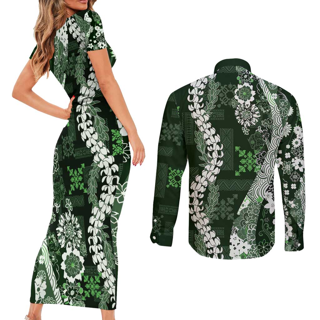 Hawaii Puakenikeni and Maile Lei Couples Matching Short Sleeve Bodycon Dress and Long Sleeve Button Shirt Green Japanese Wave Style - Polynesian Pride