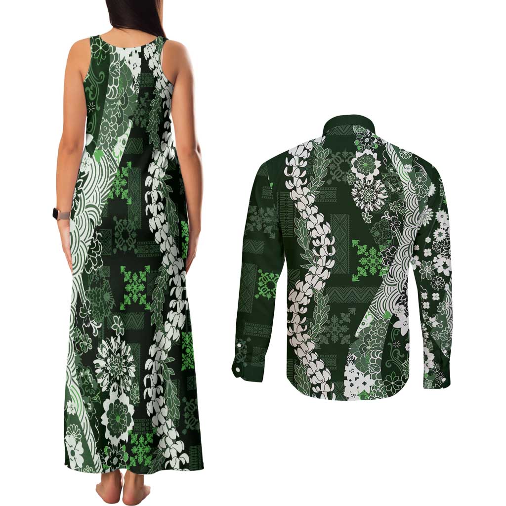 Hawaii Puakenikeni and Maile Lei Couples Matching Tank Maxi Dress and Long Sleeve Button Shirt Green Japanese Wave Style - Polynesian Pride
