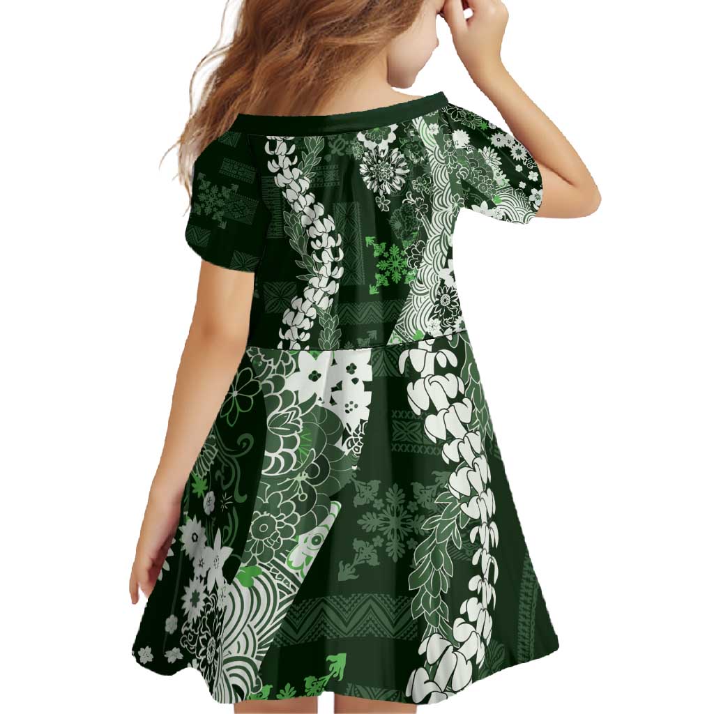 Hawaii Puakenikeni and Maile Lei Family Matching Long Sleeve Bodycon Dress and Hawaiian Shirt Green Japanese Wave Style - Polynesian Pride