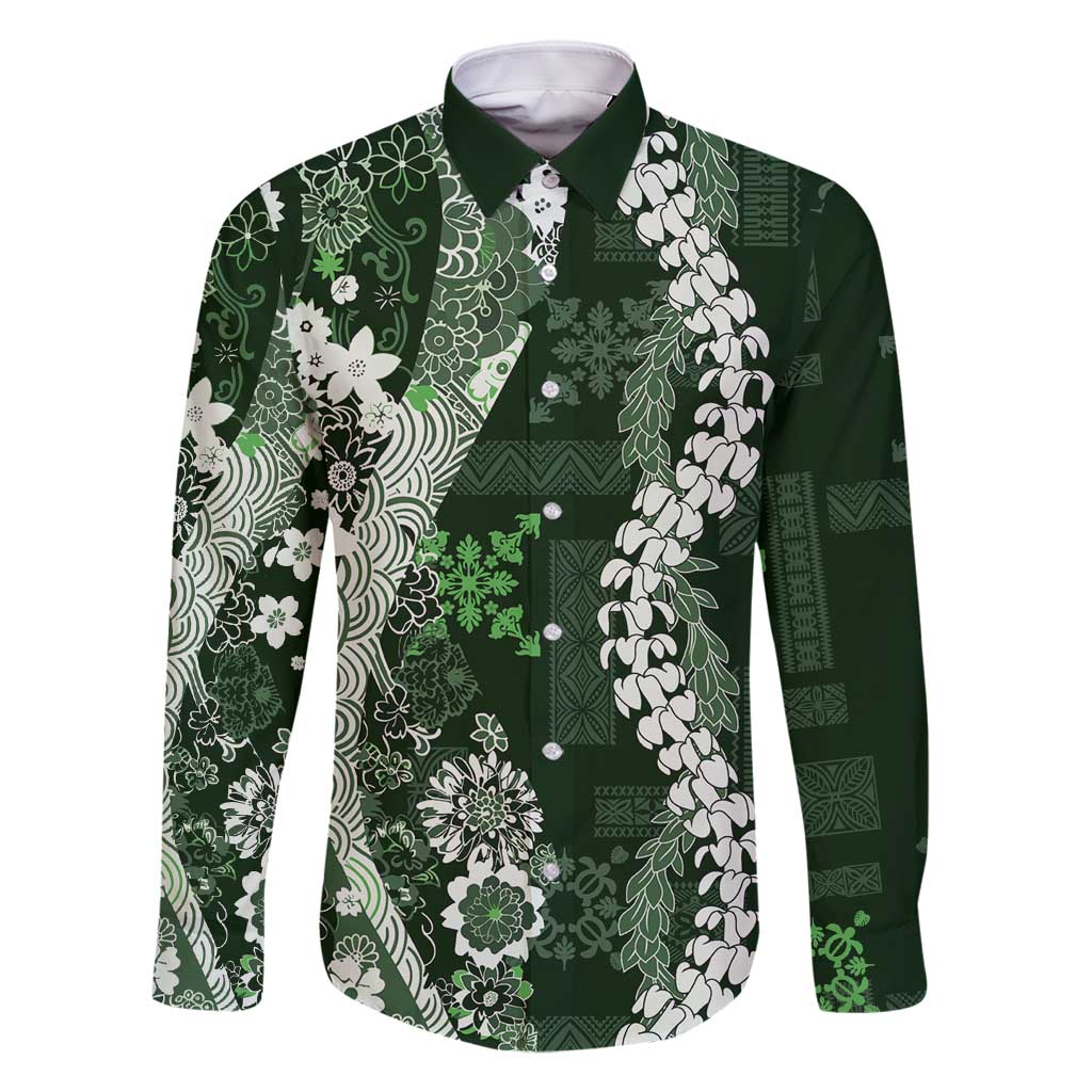 Hawaii Puakenikeni and Maile Lei Family Matching Long Sleeve Bodycon Dress and Hawaiian Shirt Green Japanese Wave Style - Polynesian Pride