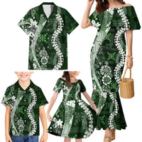 Hawaii Puakenikeni and Maile Lei Family Matching Mermaid Dress and Hawaiian Shirt Green Japanese Wave Style - Polynesian Pride