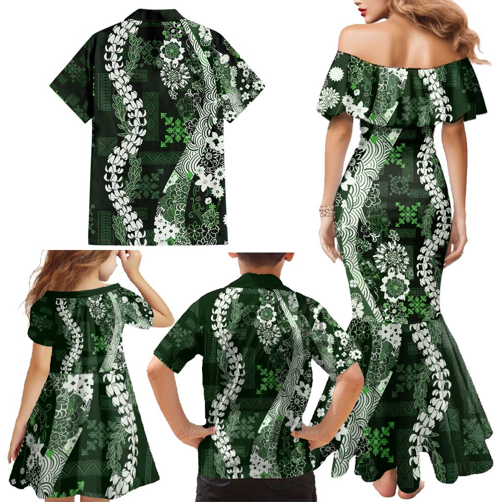Hawaii Puakenikeni and Maile Lei Family Matching Mermaid Dress and Hawaiian Shirt Green Japanese Wave Style - Polynesian Pride
