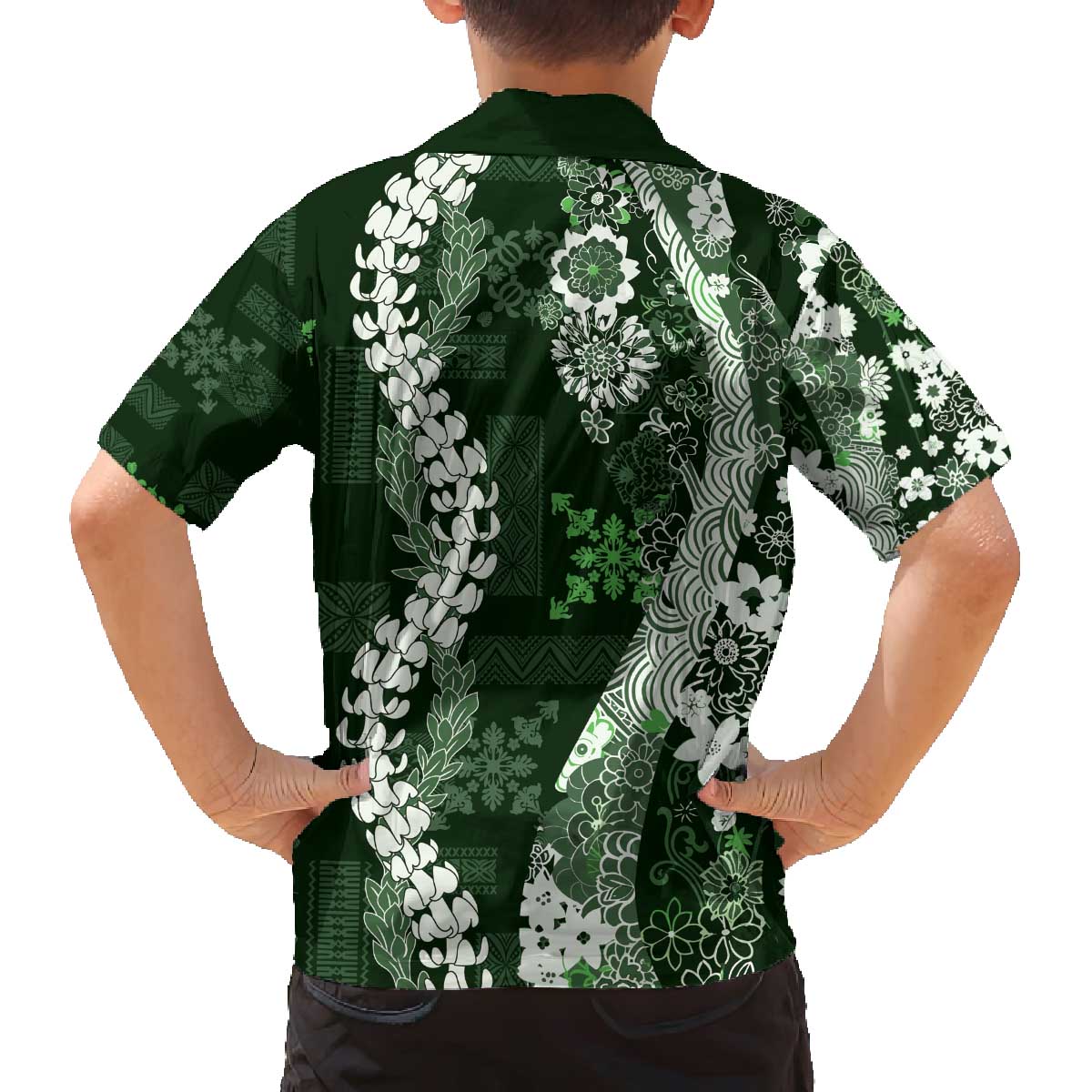 Hawaii Puakenikeni and Maile Lei Family Matching Off The Shoulder Long Sleeve Dress and Hawaiian Shirt Green Japanese Wave Style - Polynesian Pride