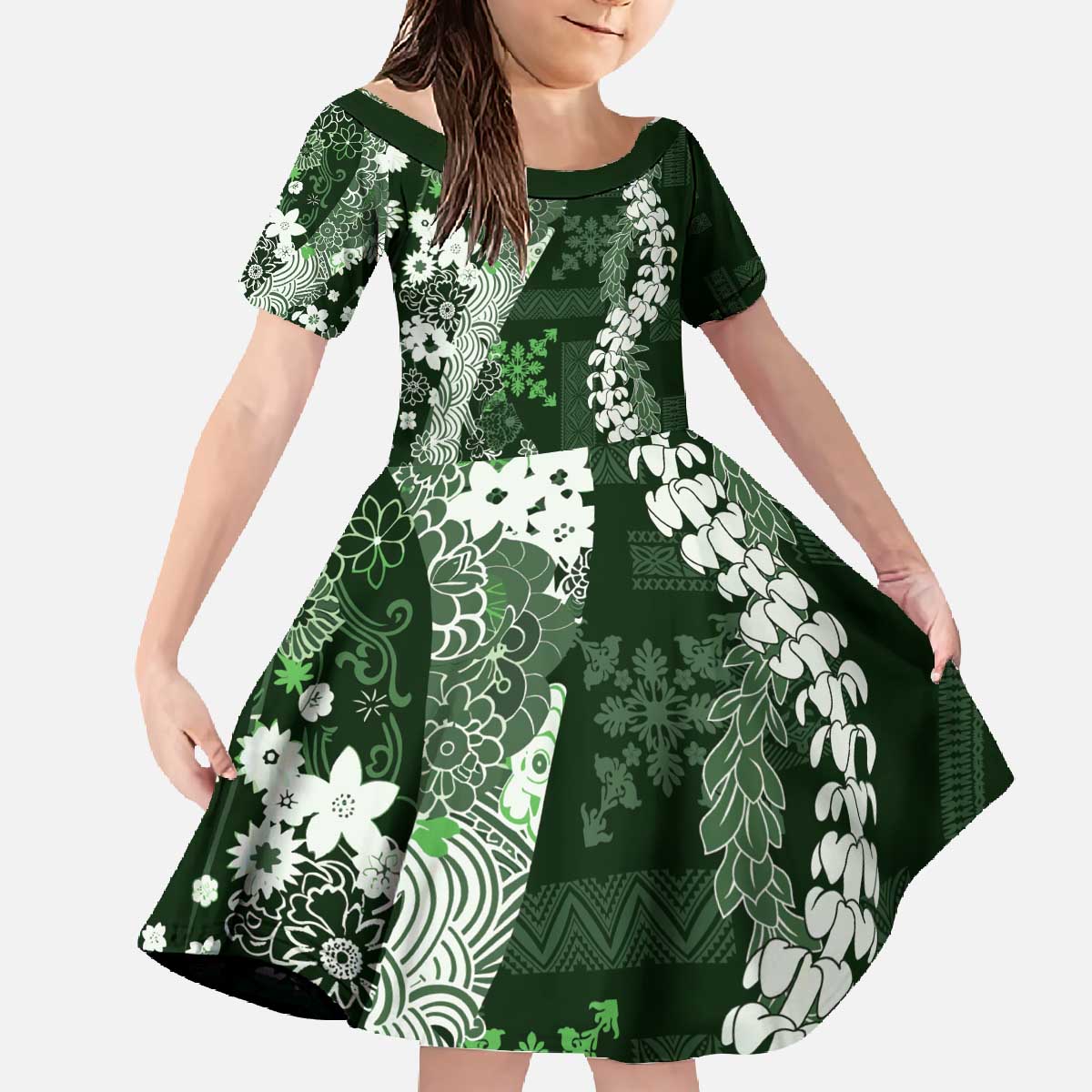 Hawaii Puakenikeni and Maile Lei Family Matching Off The Shoulder Long Sleeve Dress and Hawaiian Shirt Green Japanese Wave Style - Polynesian Pride