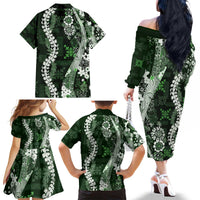 Hawaii Puakenikeni and Maile Lei Family Matching Off The Shoulder Long Sleeve Dress and Hawaiian Shirt Green Japanese Wave Style - Polynesian Pride