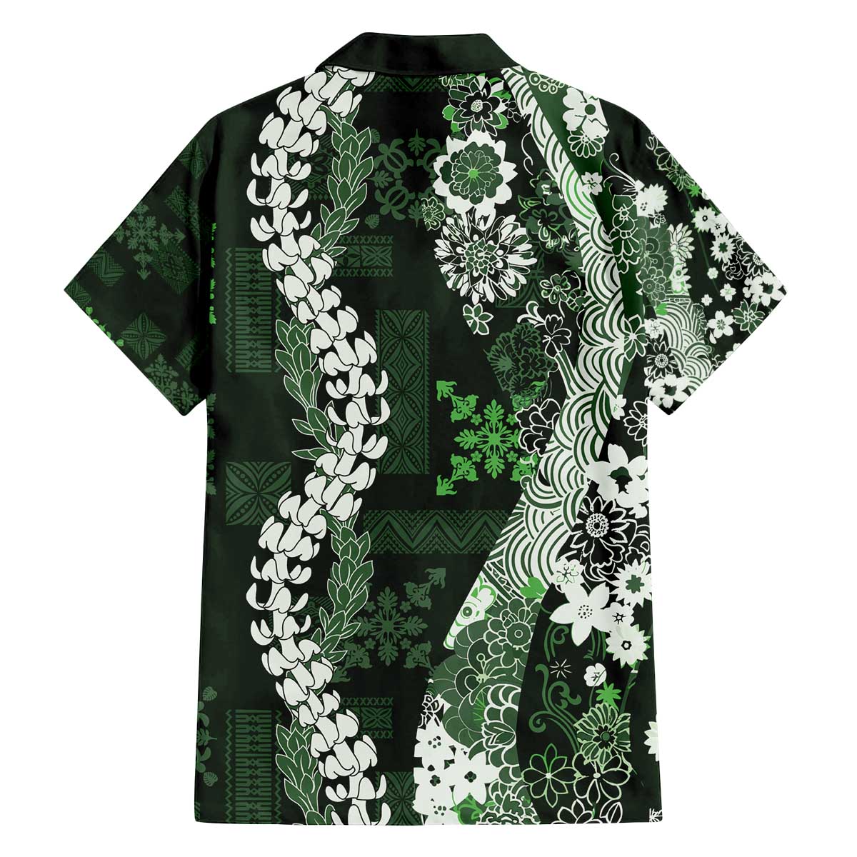 Hawaii Puakenikeni and Maile Lei Family Matching Off The Shoulder Long Sleeve Dress and Hawaiian Shirt Green Japanese Wave Style - Polynesian Pride