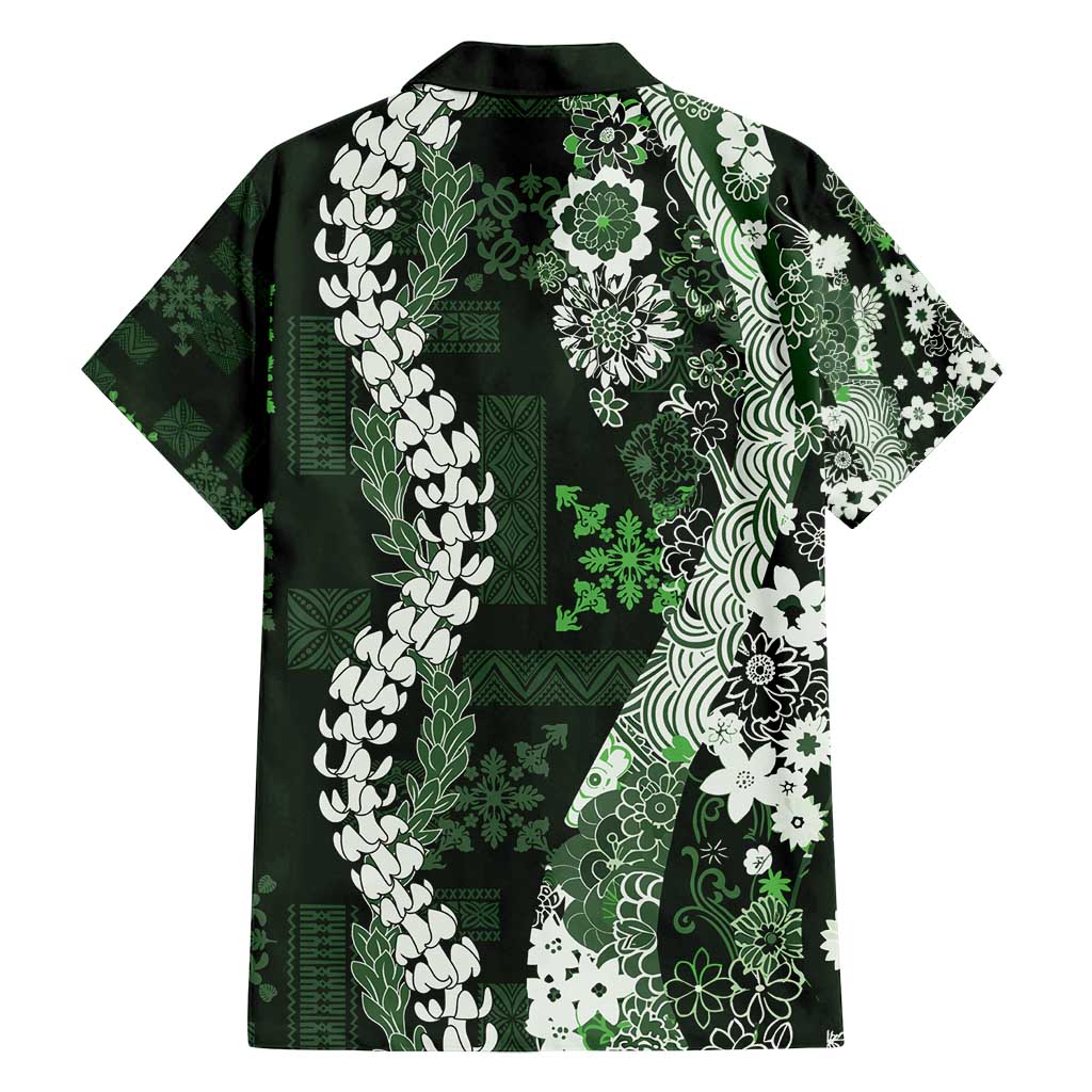 Hawaii Puakenikeni and Maile Lei Family Matching Off Shoulder Maxi Dress and Hawaiian Shirt Green Japanese Wave Style - Polynesian Pride