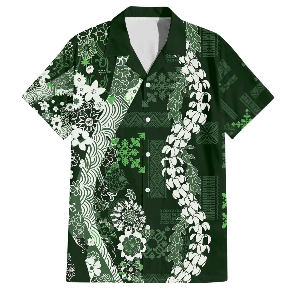 Hawaii Puakenikeni and Maile Lei Family Matching Off Shoulder Short Dress and Hawaiian Shirt Green Japanese Wave Style - Polynesian Pride