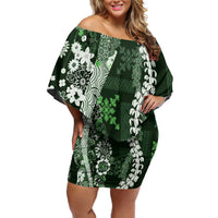 Hawaii Puakenikeni and Maile Lei Family Matching Off Shoulder Short Dress and Hawaiian Shirt Green Japanese Wave Style - Polynesian Pride