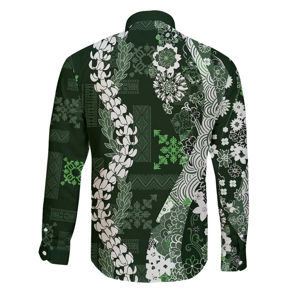 Hawaii Puakenikeni and Maile Lei Family Matching Puletasi and Hawaiian Shirt Green Japanese Wave Style LT9 - Polynesian Pride