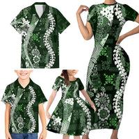 Hawaii Puakenikeni and Maile Lei Family Matching Short Sleeve Bodycon Dress and Hawaiian Shirt Green Japanese Wave Style - Polynesian Pride