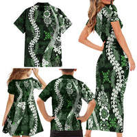 Hawaii Puakenikeni and Maile Lei Family Matching Short Sleeve Bodycon Dress and Hawaiian Shirt Green Japanese Wave Style - Polynesian Pride