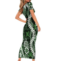 Hawaii Puakenikeni and Maile Lei Family Matching Short Sleeve Bodycon Dress and Hawaiian Shirt Green Japanese Wave Style - Polynesian Pride