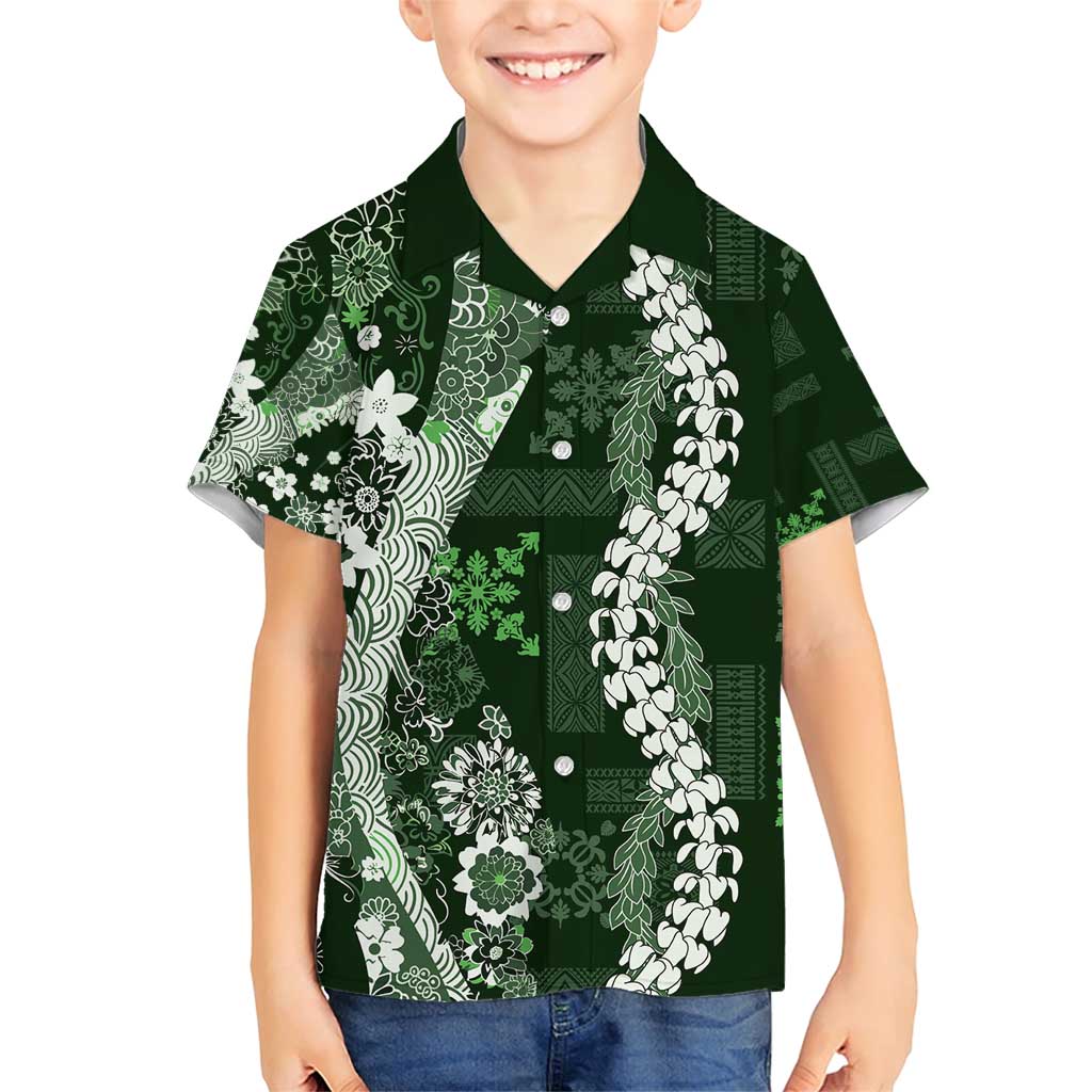 Hawaii Puakenikeni and Maile Lei Family Matching Short Sleeve Bodycon Dress and Hawaiian Shirt Green Japanese Wave Style - Polynesian Pride