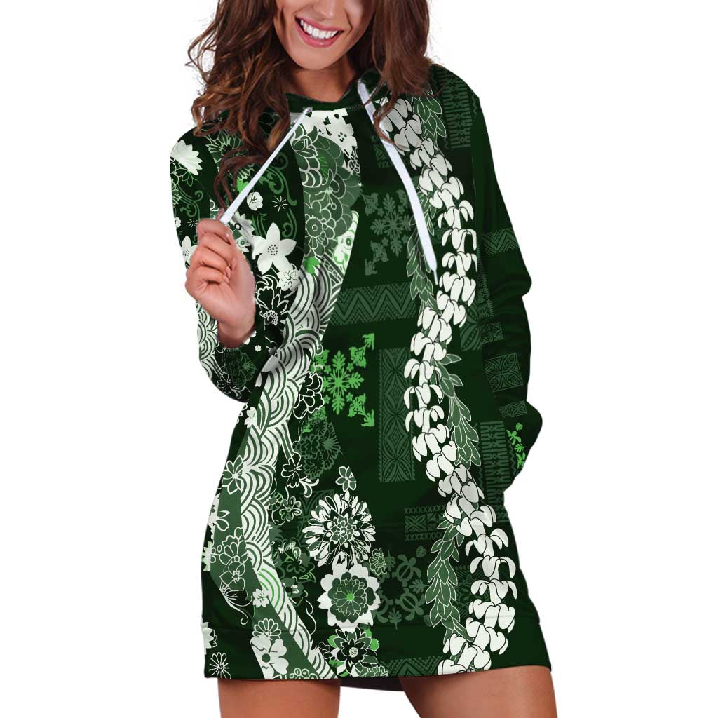 Hawaii Puakenikeni and Maile Lei Hoodie Dress Green Japanese Wave Style - Polynesian Pride