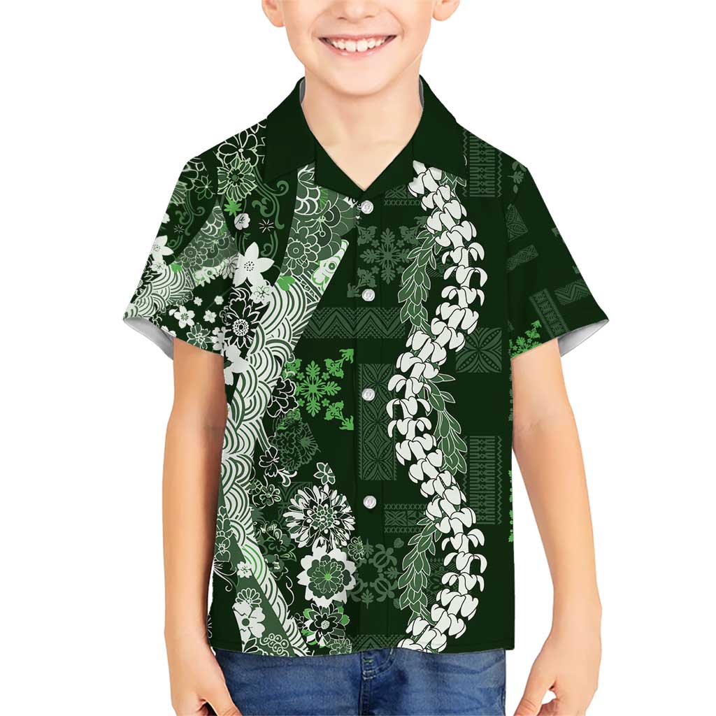 Hawaii Puakenikeni and Maile Lei Kid Hawaiian Shirt Green Japanese Wave Style - Polynesian Pride