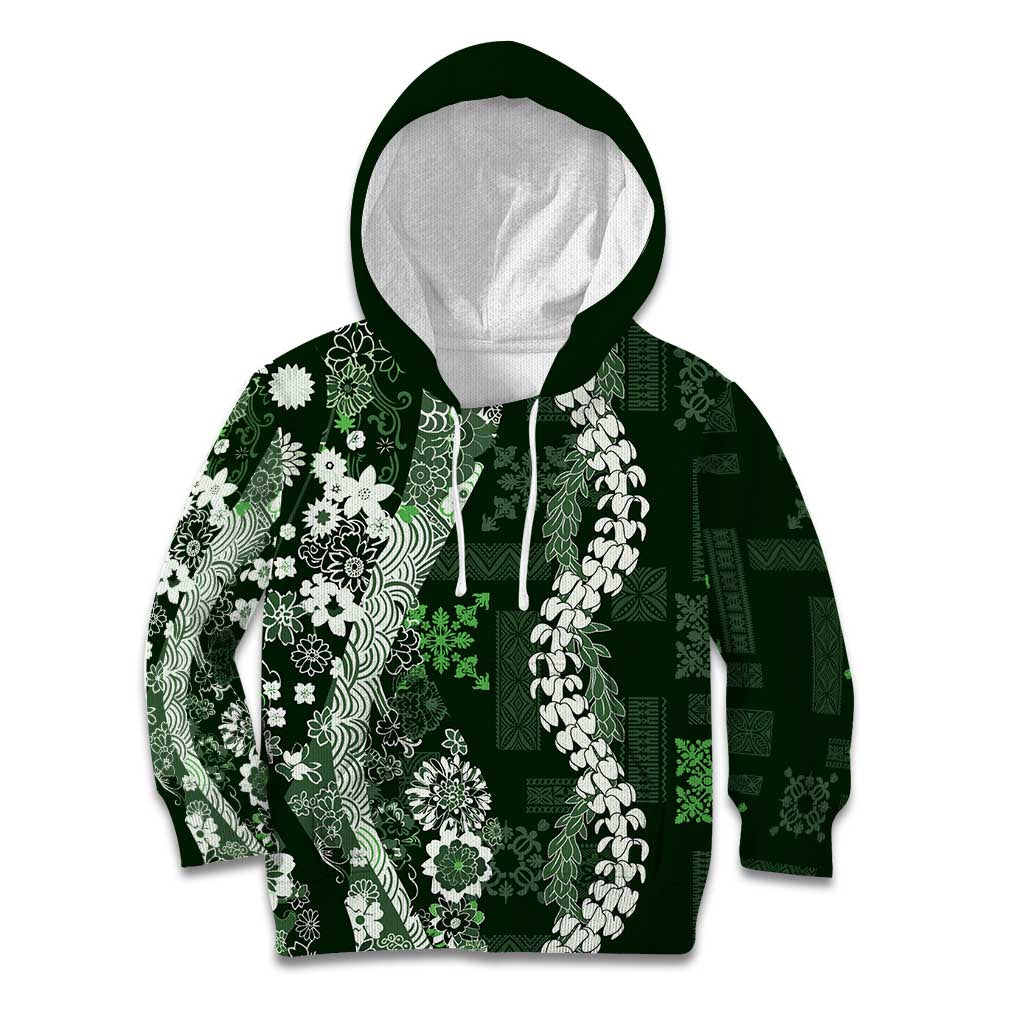 Hawaii Puakenikeni and Maile Lei Kid Hoodie Green Japanese Wave Style - Polynesian Pride